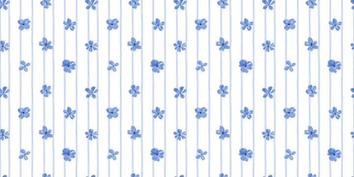 Watercolour seamless blue floral pattern with small flowers on white background. Hand drawn ditsy print for textiles, wallpaper, and fabric designs