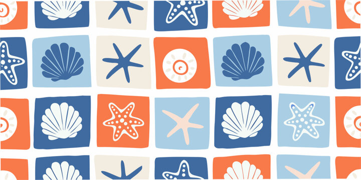 Seashell and starfish pattern colorful grid design on white background