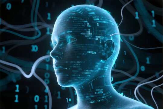 Digital human head with binary code and neural network patterns overlaying the face and brain