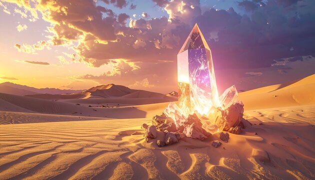 Sparkling crystal formation rests on a sandy desert surface, bathed in the glow of a golden sunset sky