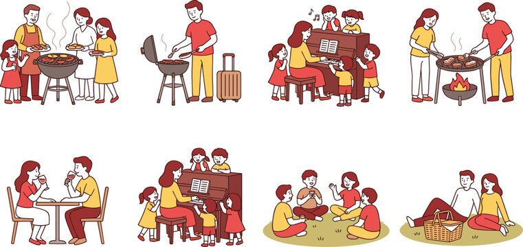 Family Outdoor Activities Including Barbecue, Picnic, and Meal Times for Family Fun and Leisure Designs