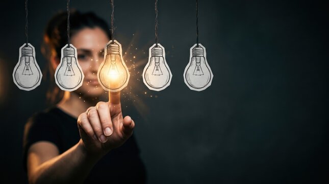 Illumination of Idea: A woman's touch sparks an idea. Concept of innovation and creativity as the focal point, emphasizing the power of inspiration and imagination.