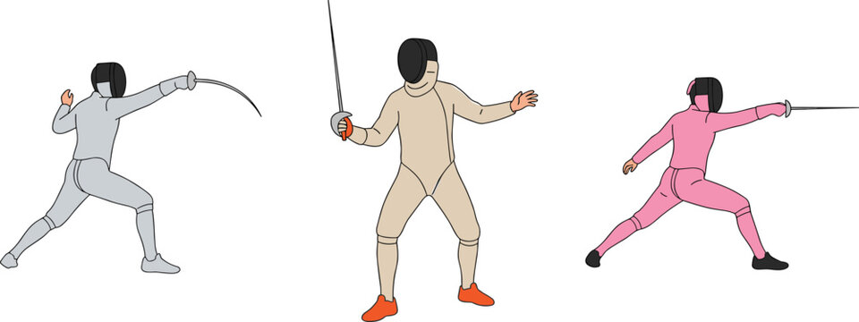 Cartoon Fencers in Action Poses with Fencing Swords for Sport, Competition, and Fitness Illustrations