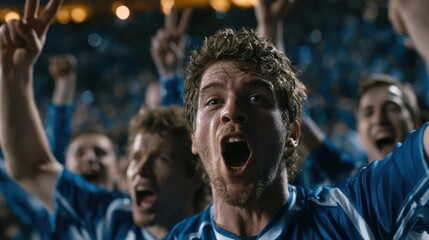 Obraz premium A group of enthusiastic sports fans cheer passionately, celebrating a thrilling moment at a nighttime event.