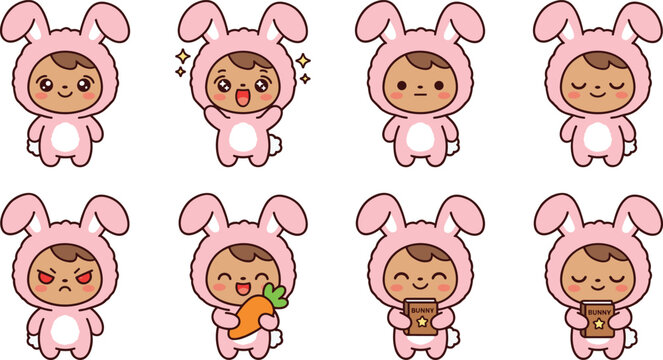 Cute Bunny Costume Kids Vector Collection Featuring Adorable Cartoon Characters with Different Emotions and Kawaii Expression Poses for Sticker Projects