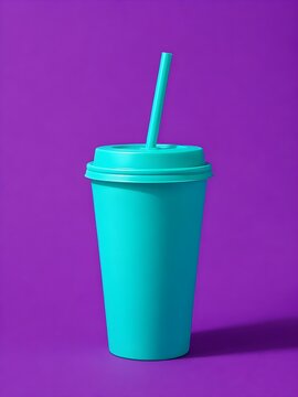 Vibrant turquoise takeaway cup with straw on bright purple background, bold pop-art color palette