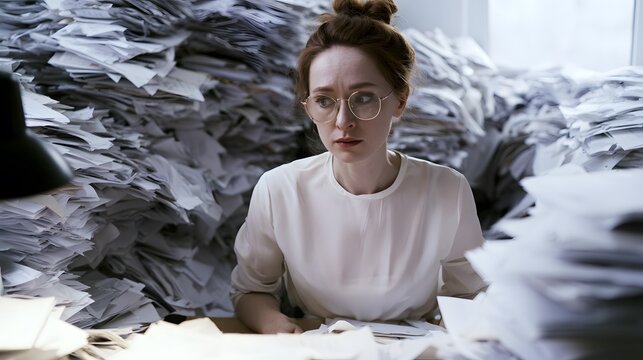 Overwhelmed professional woman faces a mountain of paperwork at her chaotic office desk