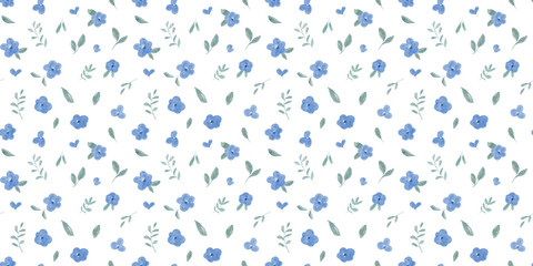 Obraz premium Watercolour seamless blue floral pattern with small flowers and leaves on isolated background. Hand drawn ditsy print for textiles, wallpaper, and fabric