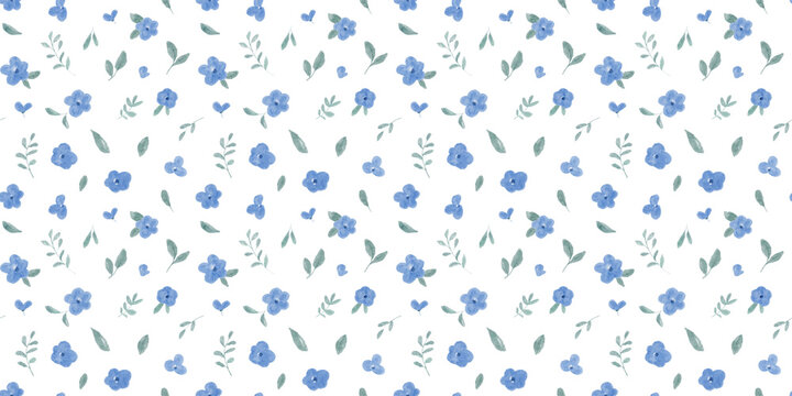 Watercolour seamless blue floral pattern with small flowers and leaves on isolated background. Hand drawn ditsy print for textiles, wallpaper, and fabric