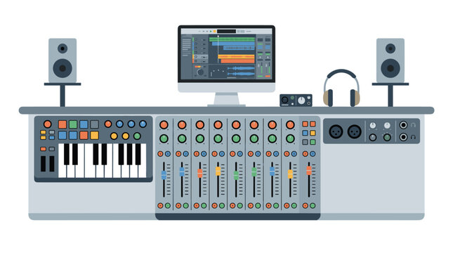 A comprehensive home recording studio workstation featuring a midi keyboard, multi-channel mixer, computer monitor, and headphones is arranged on a flat professional desk.