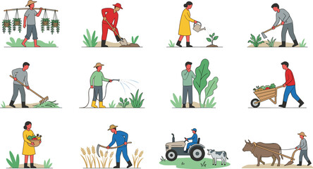Illustration of Farmers Working in the Fields with Tools, Harvesting, Watering, and Using Tractors for Agricultural and Rural Designs © Sanjida