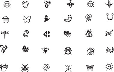 Fototapeta premium Insect icons, bug symbols, 25 black line art illustrations, vector graphics