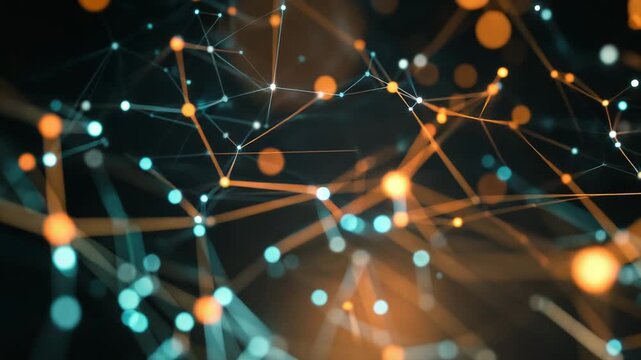 Abstract plexus of glowing nodes and connecting lines forming a global digital web, visualizing data flow, networks, ai and modern communication across a futuristic cyberspace grid
