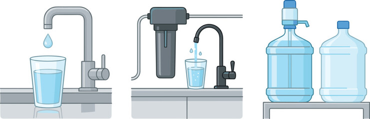 Obraz premium Hand-Drawn Water Faucet, Filter System, and Bottled Water for Hydration and Home Appliance Illustrations