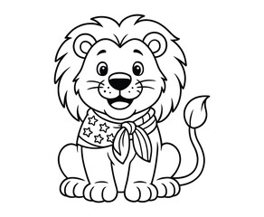 Fototapeta premium Cute lion cub wearing scarf with stars patriotic theme for coloring page illustration.