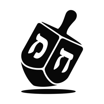 Black and white graphic illustration of a dreidel with hebrew letters