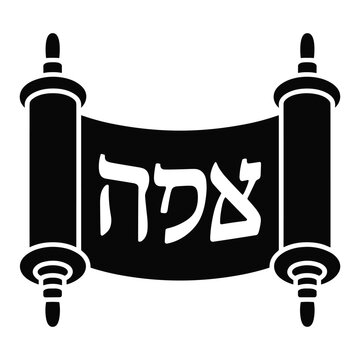 Black and white graphic illustration of a torah scroll with hebrew letters, closed