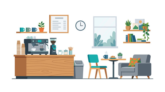 A cozy caf corner featuring a wooden coffee service bar a menu board a small table with a chair and an armchair in a bright minimalist interior.