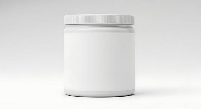 Isolated white plastic jar with blank label for pet food or supplement mockup, packaging design presentation