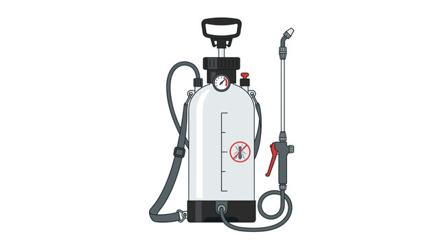 A professional compression insecticide sprayer with a black handle, a long spray wand, and a clear tank featuring an ant warning icon sits on white.