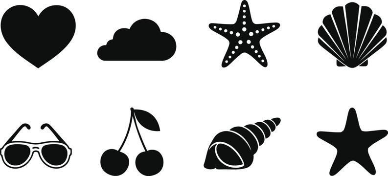 Black and white beach icons set including heart cloud starfish shell sunglasses cherries conch and star