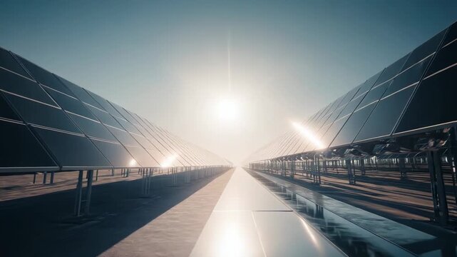 Solar array stretching under a clear sky, converting sunlight into clean, renewable electricity to power a sustainable future and combat climate change through innovation
