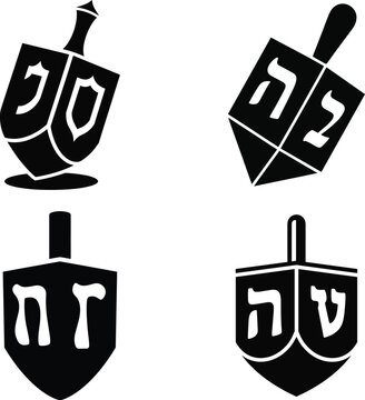 Set of four dreidel icons with hebrew letters in black and white
