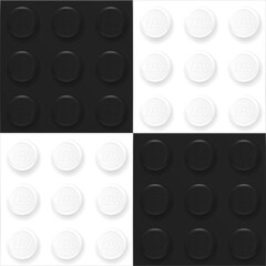 Naklejka premium Square checkered chessboard style background made with realistic black and white Lego plastik constructor blocks. Play and build concept. Vector editorial illustration