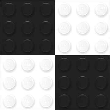 Square checkered chessboard style background made with realistic black and white Lego plastik constructor blocks. Play and build concept. Vector editorial illustration