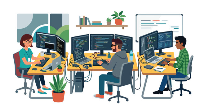 A team of three software developers works at individual stations in a busy office setting, utilizing multiple monitors and laptops for complex programming projects.