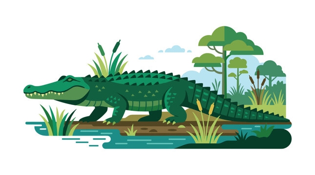 A large green crocodile walks across a riverbank near lush trees and aquatic vegetation in a clean vector style illustration featuring balanced earthy and blue tones.