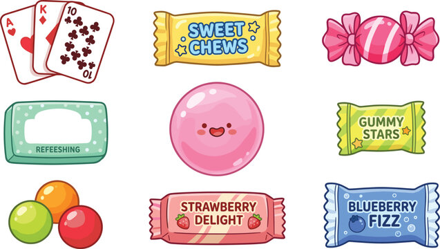 Colorful Candy and Sweet Treats with Playful Wrappers, Gumballs, and Cards for Fun and Whimsical Designs