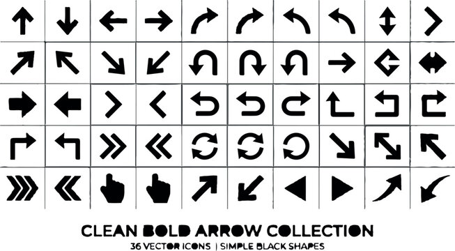 Arrow icons, bold black arrows, vector symbols, direction signs, navigation elements