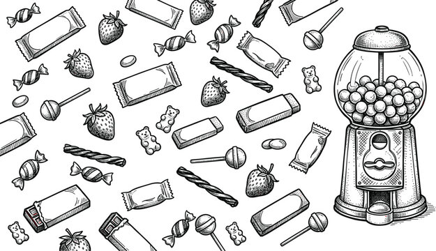 Vintage Hand-Drawn Candy and Gumball Machine Set with Sweets and Treats for Dessert and Snack Designs