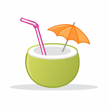 Fresh Coconut Drink with Straw and Umbrella