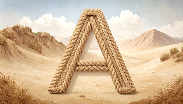 Rope letter 'A' sits in a sandy desert valley under blue skies, with mountain ranges in the background