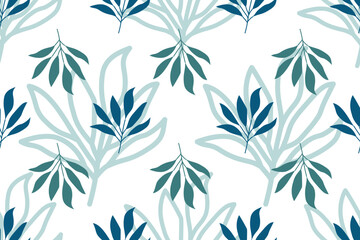 Fototapeta premium Modern Blue and Teal Botanical Seamless Pattern with Layered Leaf Outlines. 
