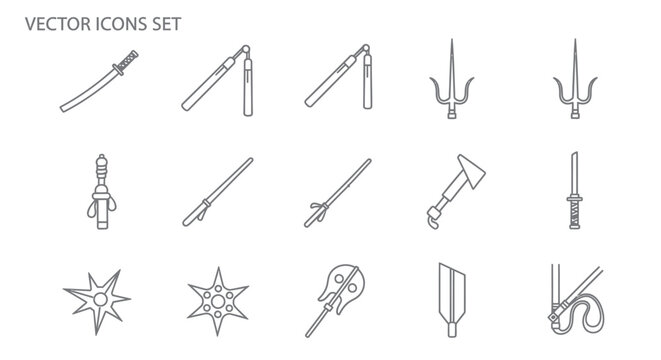 Martial Arts Weapons Vector Icons Set - Samurai Sword, Nunchaku, Sai, Kunai