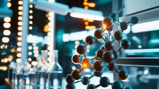Molecule structure model standing on a table in a modern science laboratory with test tubes for chemical and medical research, representing innovation and discovery