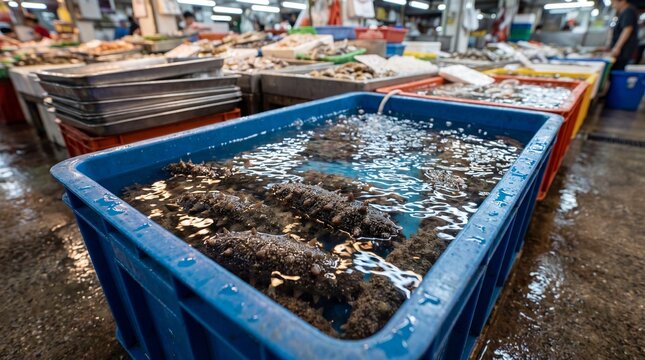 Fresh sea cucumbers resting inside a blue plastic crate filled with water at a busy local seafood market stall