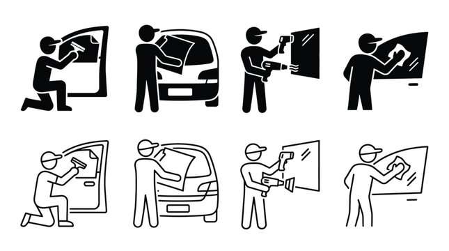Window tinting service icons set, professional car glass tinting process, installation of protective film on vehicle windows, auto detailing, vector illustration