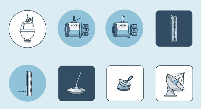 Oceanographic Equipment Icons: Buoy, Current Meter, Tide Gauge, Radar