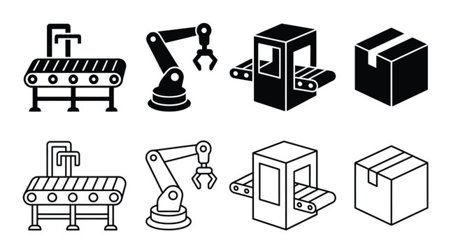 Set of industrial manufacturing and logistics icons, including conveyor belts, robotic arms, packaging machines, and cardboard boxes