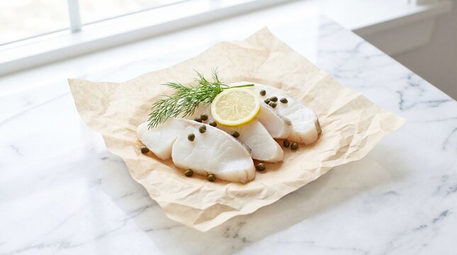 Raw cod fish fillets arranged on parchment paper with fresh lemon slices dill and capers for a healthy meal preparation