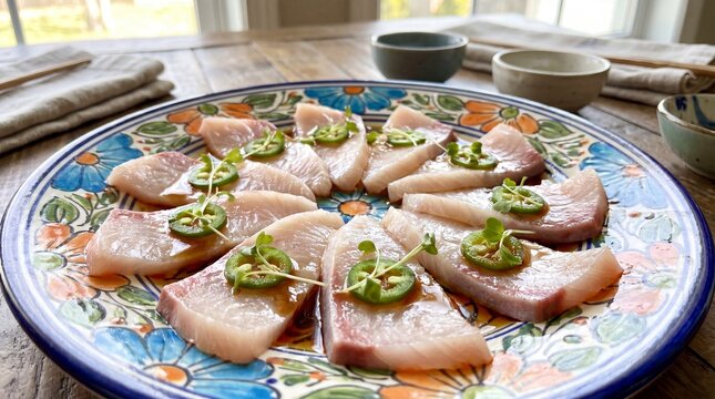 Fresh yellowtail sashimi slices served on a decorative plate with sliced jalape&ntilde;o peppers and microgreens for a gourmet appetizer meal