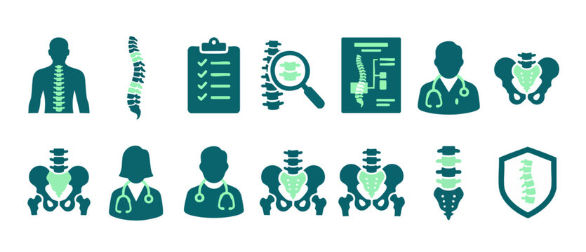Spine and Pelvis Chiropractic Medical Icons Set for Orthopedic Healthcare and Physical Therapy Clinics, Featuring Doctor Silhouettes, Diagnosis Charts, and Human Skeletal Anatomy Diagnostic Symbols