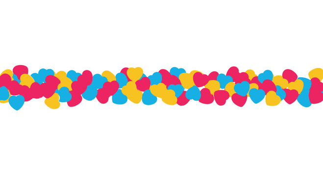 A horizontal line of small flat hearts in shades of blue red and yellow creates a decorative border pattern against a plain white background with clean composition.