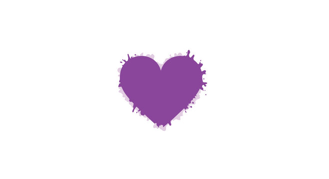 A violet colored heart shape with textured dripping edges and paint splatter effects is centered on a plain light background with a clean and minimal aesthetic style.