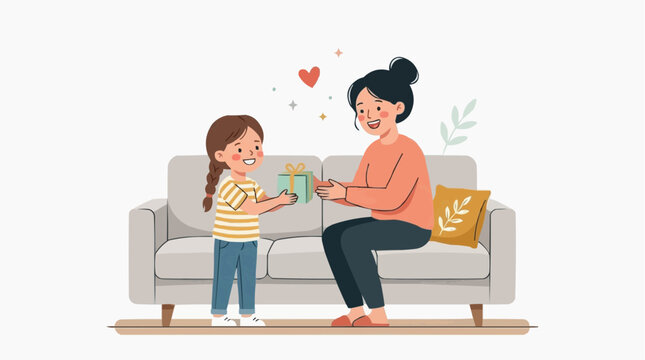 Mother surprises a child with a heartfelt gift at home, expressing love and family joy in an uplifting childcare moment for brands