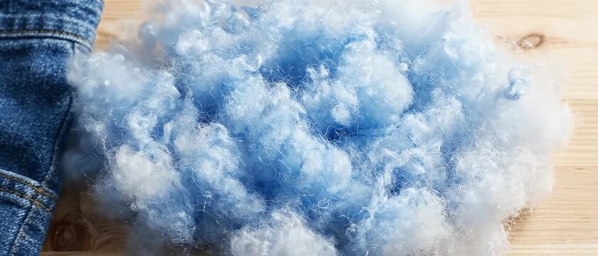 Recycled blue polyester fiber and denim jeans on wooden table